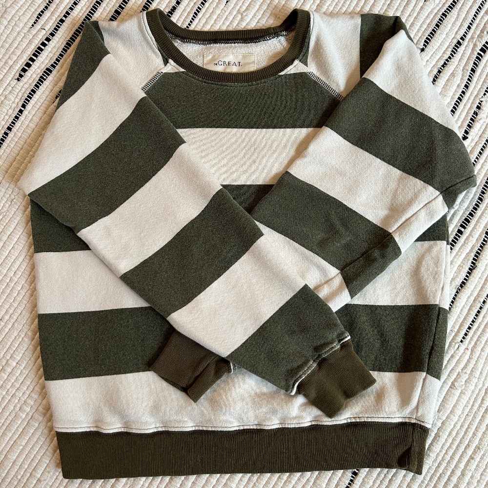 THE GREAT 'The Shrunken Sweatshirt,' Green and White Stripe, Size 1/XS/S